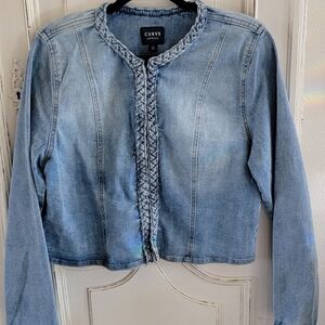 Curve Appeal Women's Light Blue Cropped Denim Jacket with Braided Trim